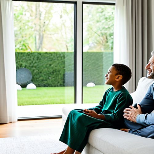 A diverse family, including a mother, father, and child, fully clothed in modest, comfortable home attire, enjoying the perfectly temperate comfort of their modern living room. The room is brightly lit with natural light coming through large windows, showcasing a subtle, lush green garden outside. The interior features clean lines, comfortable furniture, and a tranquil atmosphere, emphasizing the consistent, ideal indoor climate provided by an efficient system. Perfect anatomy, correct proportions, natural pose, well-formed hands, proper finger count, natural body proportions. Professional photography, high quality, realistic, inviting, safe for work, appropriate content, family-friendly.