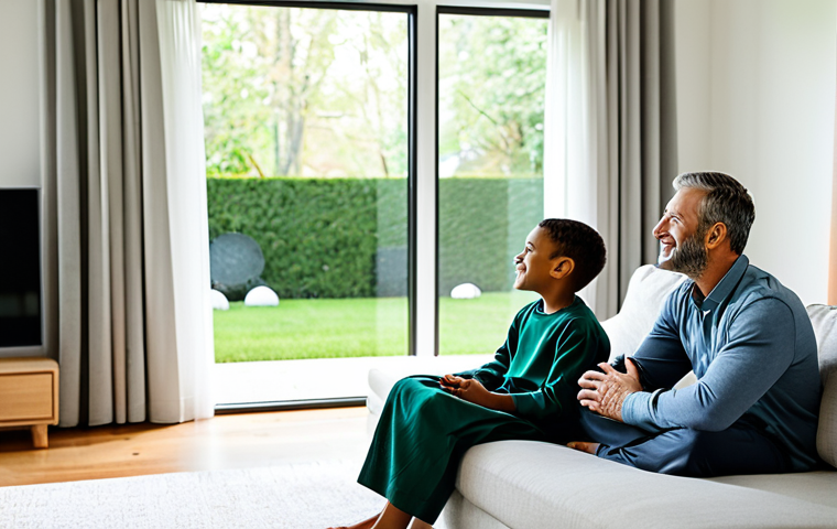 A diverse family, including a mother, father, and child, fully clothed in modest, comfortable home attire, enjoying the perfectly temperate comfort of their modern living room. The room is brightly lit with natural light coming through large windows, showcasing a subtle, lush green garden outside. The interior features clean lines, comfortable furniture, and a tranquil atmosphere, emphasizing the consistent, ideal indoor climate provided by an efficient system. Perfect anatomy, correct proportions, natural pose, well-formed hands, proper finger count, natural body proportions. Professional photography, high quality, realistic, inviting, safe for work, appropriate content, family-friendly.